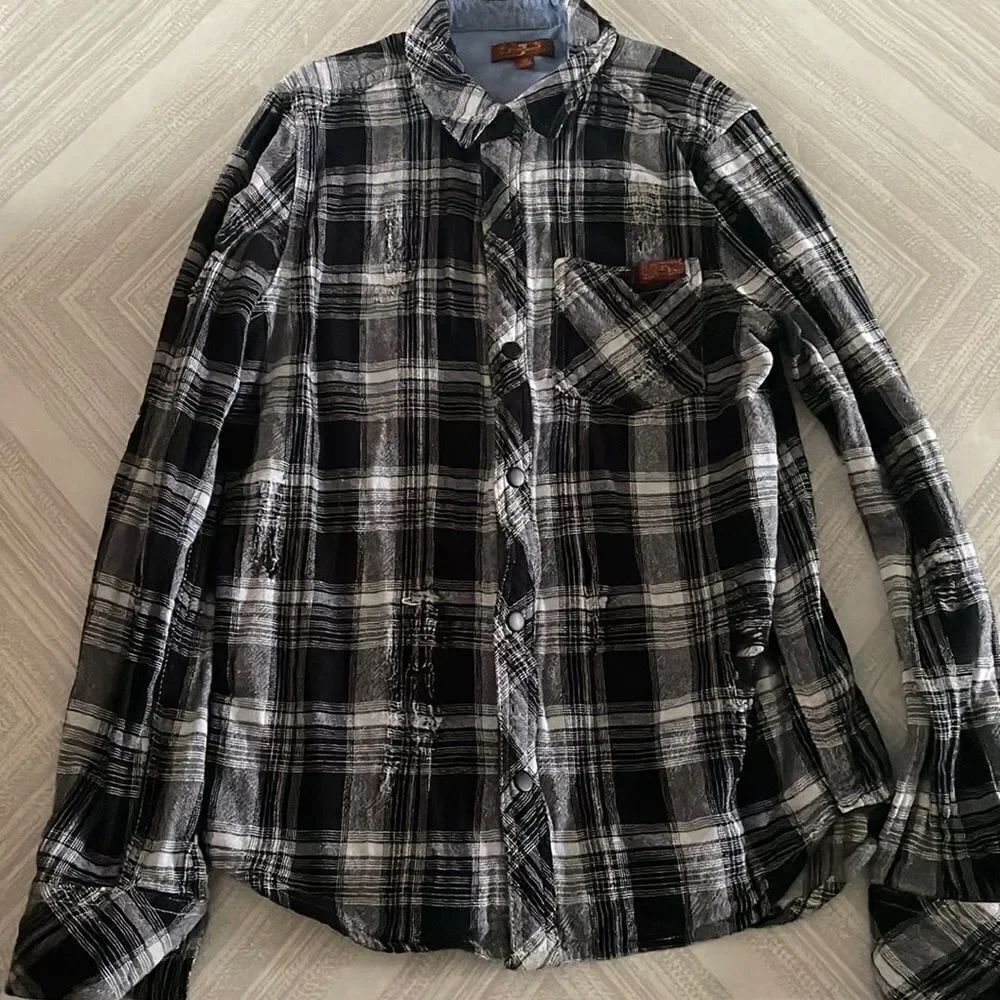 74AMK Boys Distressed Black & White Plaid Button Down Shirt